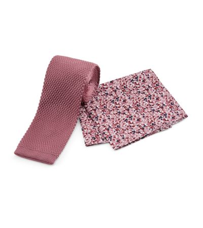 Pink Knitted Poly Tie & Floral Pkt Sq Set