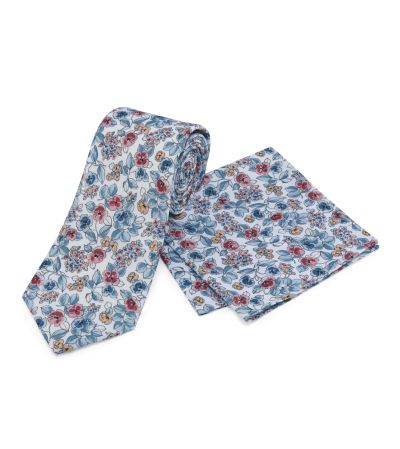 Blue / Red Floral Tie and Pocket Square