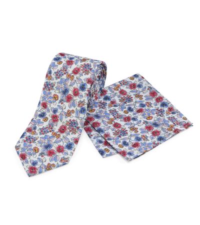 Pink / Blue Floral Tie and Pocket Square