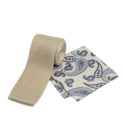 Champagne Knitted Tie and Paisley Pocket Square