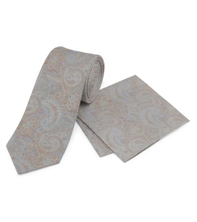 Peach Paisley Silk Tie and Pocket Square