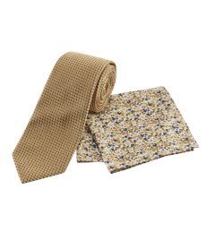 Gold Textured Tie and Floral Pocket Square